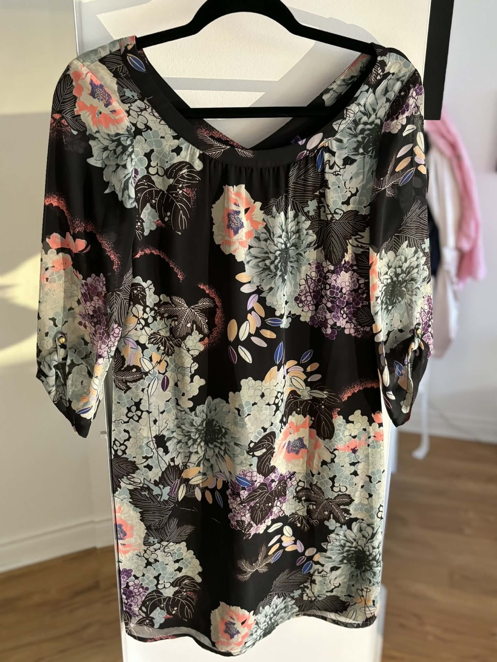 Floral Black Shift Dress with Mint & Coral Blooms